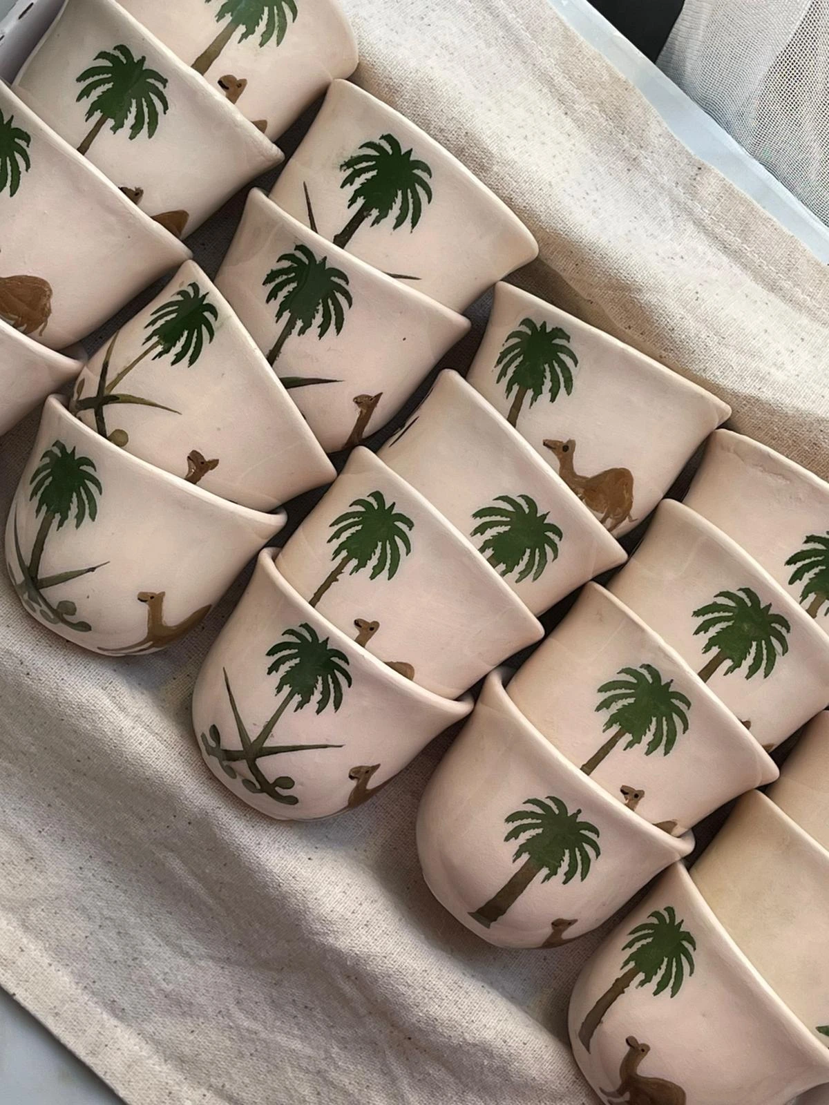 Handmade ceramic pieces drying in the Duha Ceramic workshop, Mersin